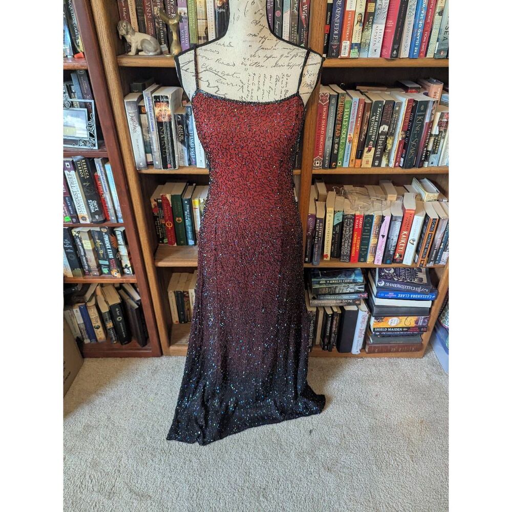 Y2K 90s VTG JMDC S Silk Hand Beaded Ombre Red Black Evening Gown Prom Dress